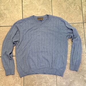 Tasso Elba 100% Cashmere V-Neck Ribbed Pullover Sweater Men's L Blue